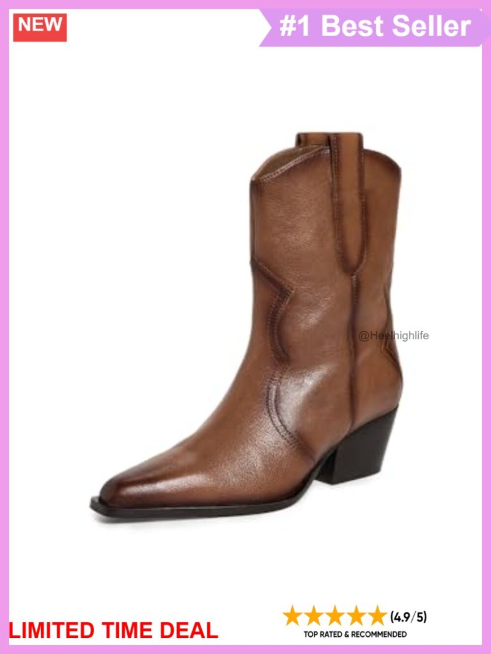 Leather Cowboy Boots Pointed Toe Block Heel Ankle Western